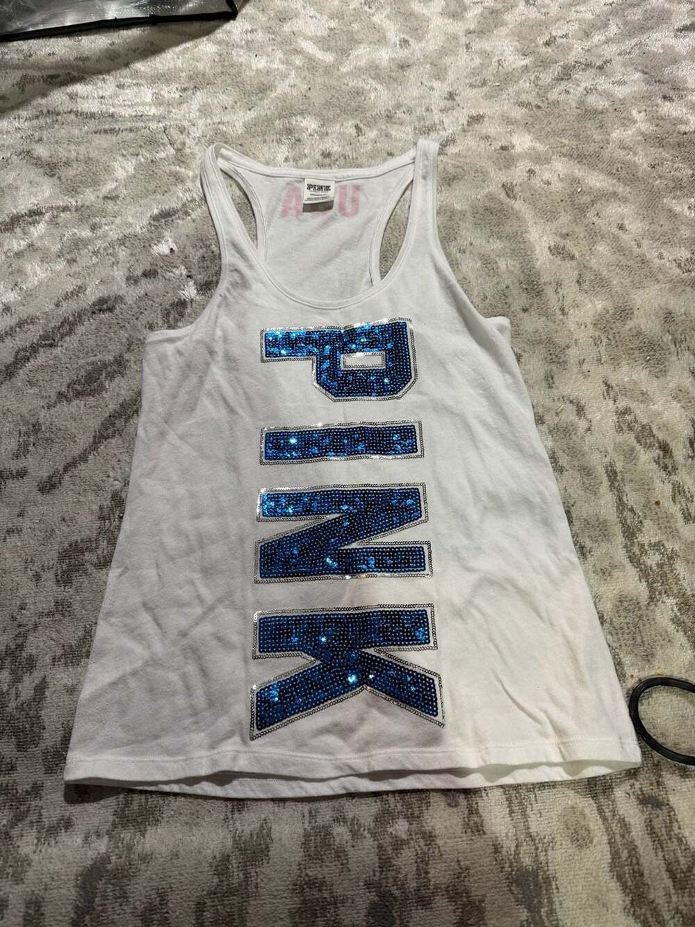 Victoria's Secret PINK White Tank Top with Blue Sequin Logo and USA Back Detail